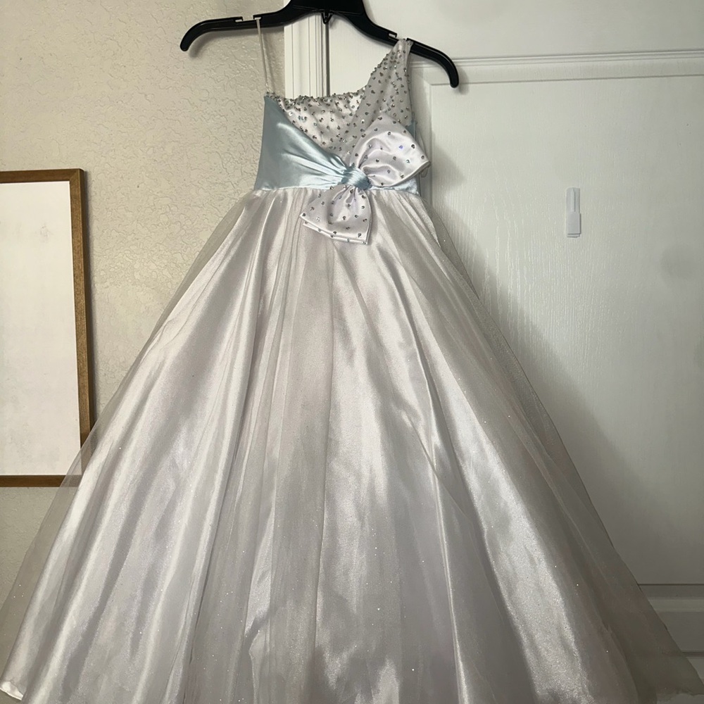 Sugar Silver Ball Gown with Pale Blue Satin Sash